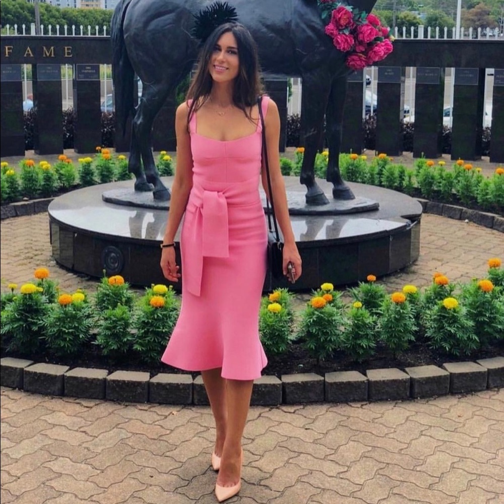 Scanlan Theodore pink crepe knit bralette dress